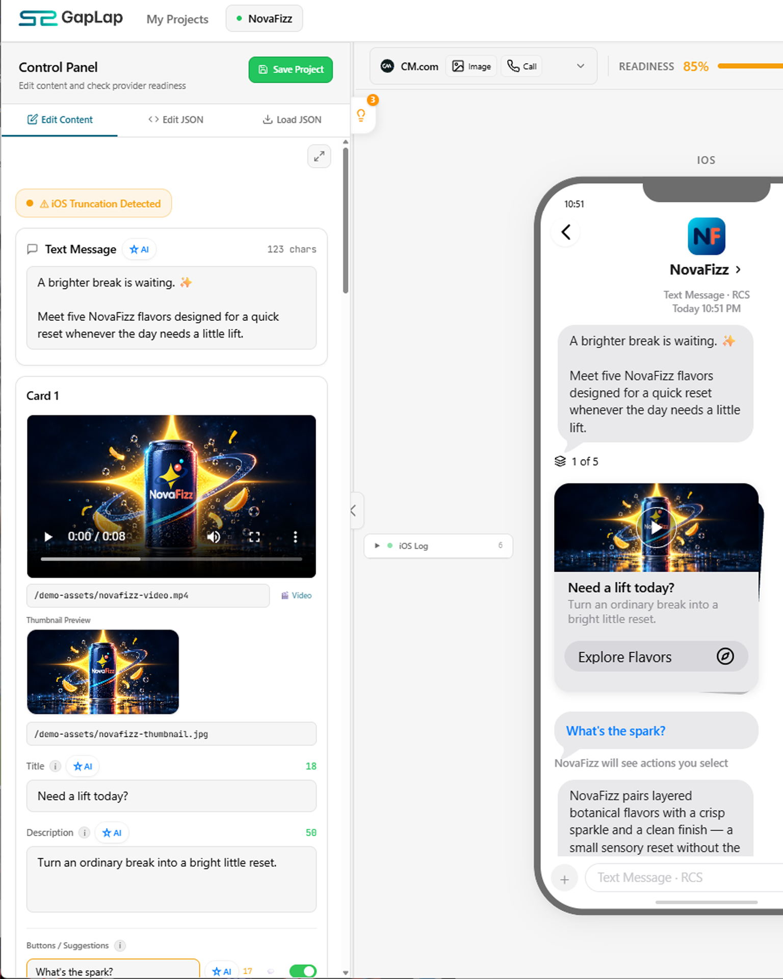 GapLap workspace showing a synthetic NovaFizz RCS campaign across iOS and Android previews with provider readiness checks.